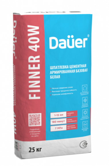 Шпаклевка цементная армированная базовая Dauer FINNER® 40W Белая, зима, 25кг Шпаклевка цементная армированная базовая Dauer FINNER® 40W Белая, зима, 25кг
