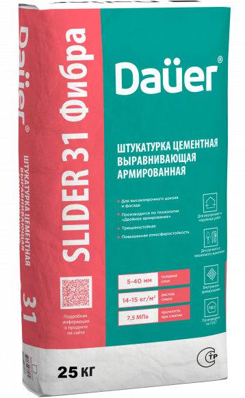 Штукатурка цементная выравнивающая армированная Dauer SLIDER 31 Фибра, 25кг